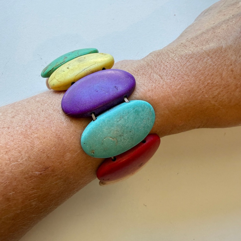 Multicolor Chunky Oval Bead Stretch Bracelet Boho Rainbow Statement Jewelry